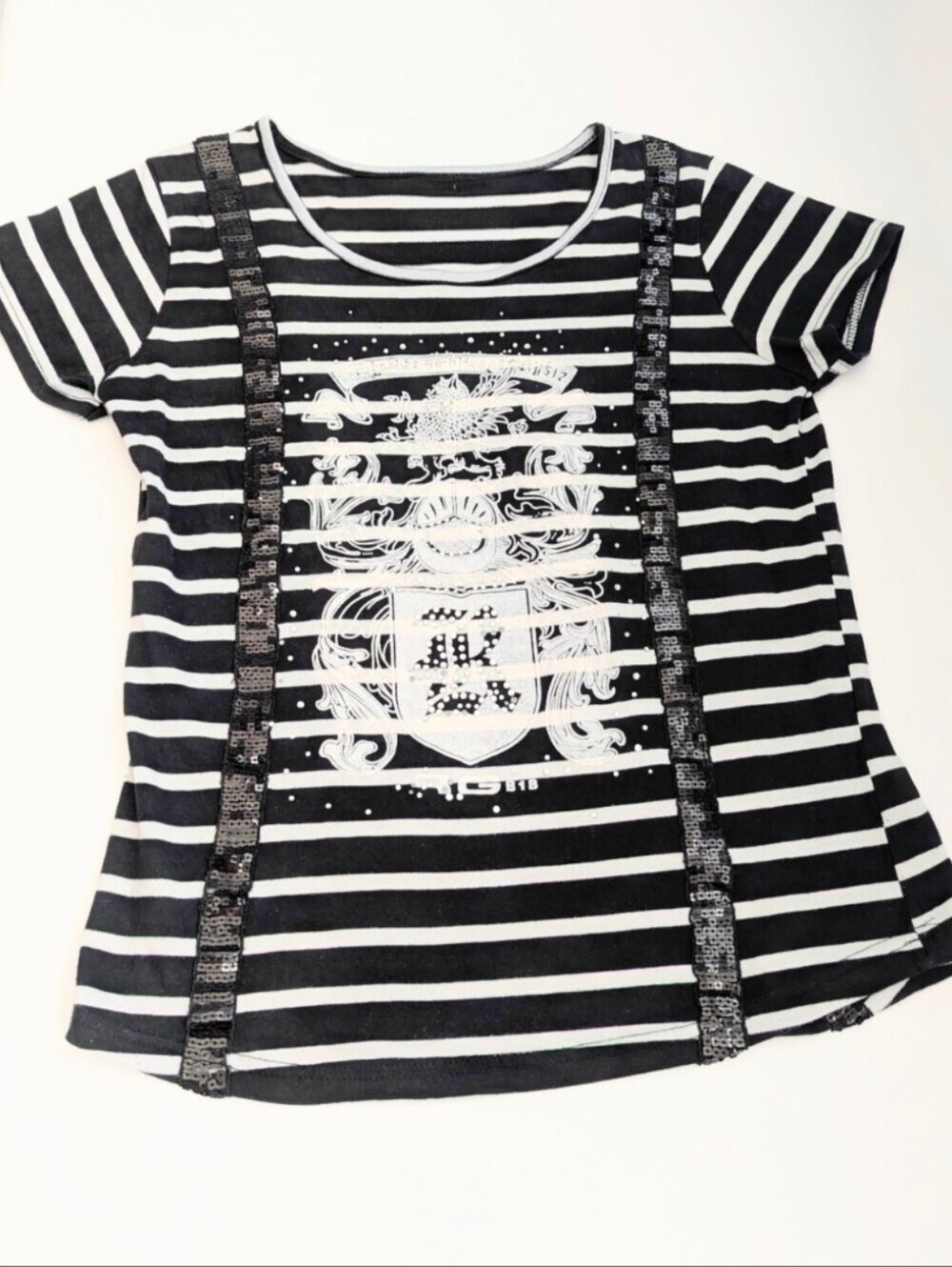 Women's Black & White Striped Tee/T-Shirt w/Sequins Rhinestones & Crest Graphic